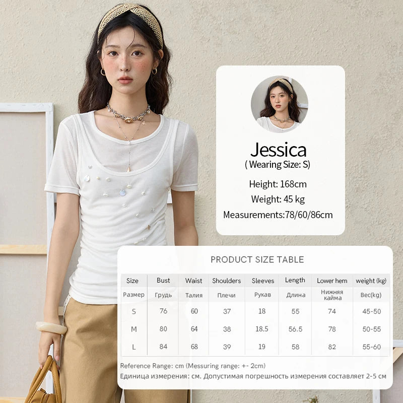 MISHOW White Fake Two Piece Bead Embroidered T-shirt for Women 2025 100 Cotton Tees Round Neck Knitted Breathable Top MXE35T0566