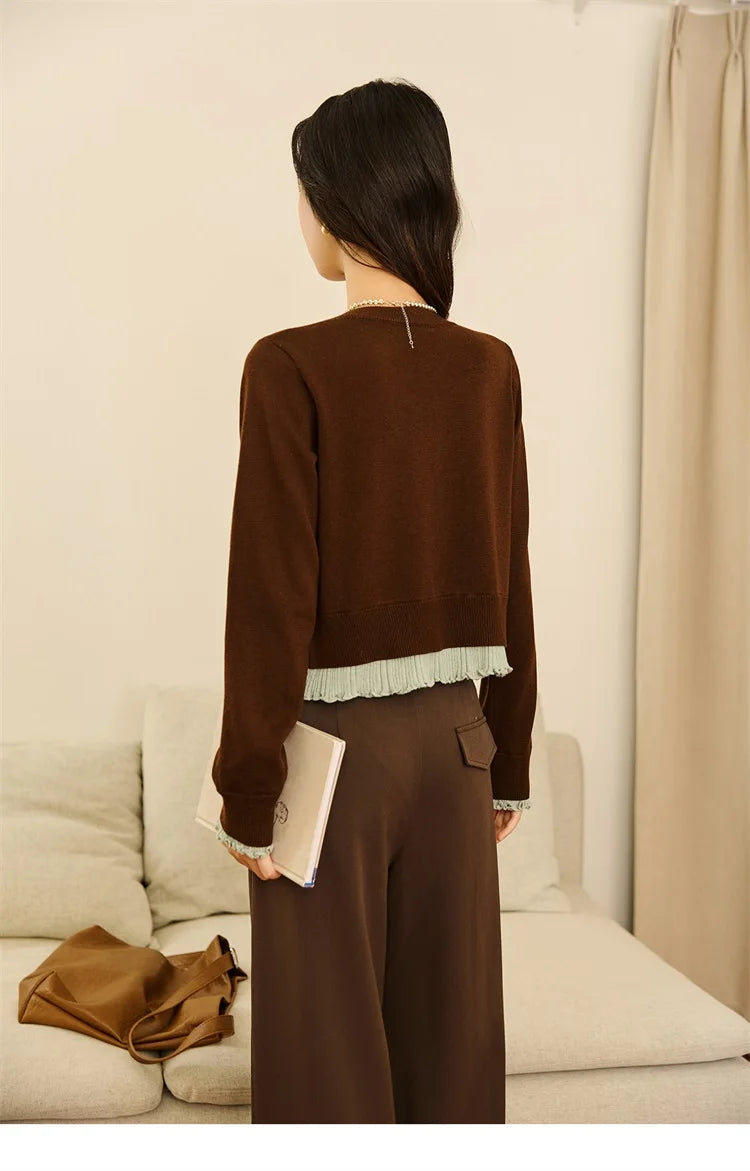 MISHOW Pullover Women 2025 Autumn Winter Retro Fake 2 Pieces Round Neck Color-blocked Lace Trim Knit Sweater Slim Top MXE46Z2545