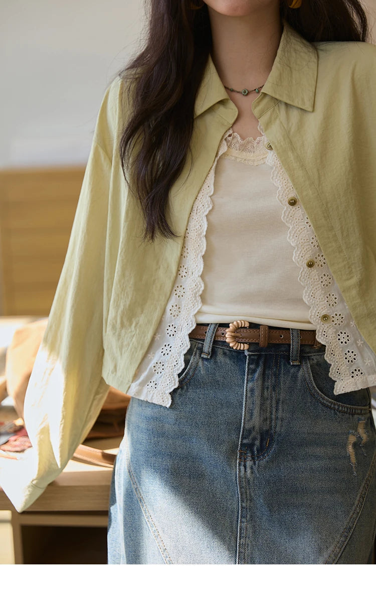 MISHOW Women's Top Green Fake Two Piece Shirt 2025 Autumn Lace Patchwork Lapel Shirts Rear Hem Elastic Short Shirt MXE41C2348