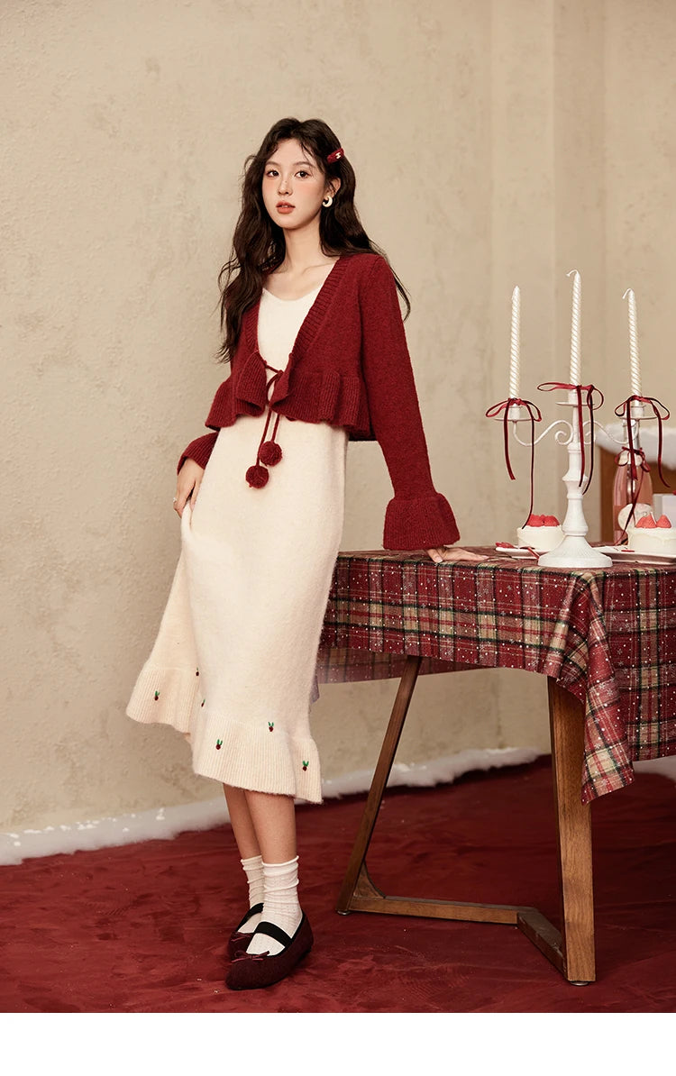 MISHOW Christmas New Year Ruffle Strap Dress Pom-Pom Lace-up Knitted Cardigan Sepertely 2024 Hem Fish Tail Dresses MXD59L2133