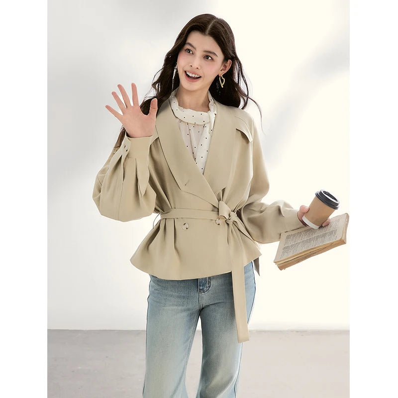 MISHOW Women's Khaki Belted Waist Coat 2026 Spring Lapel Double-breasted Coats female Casual Short Jacket Office Lady MXF13W1056