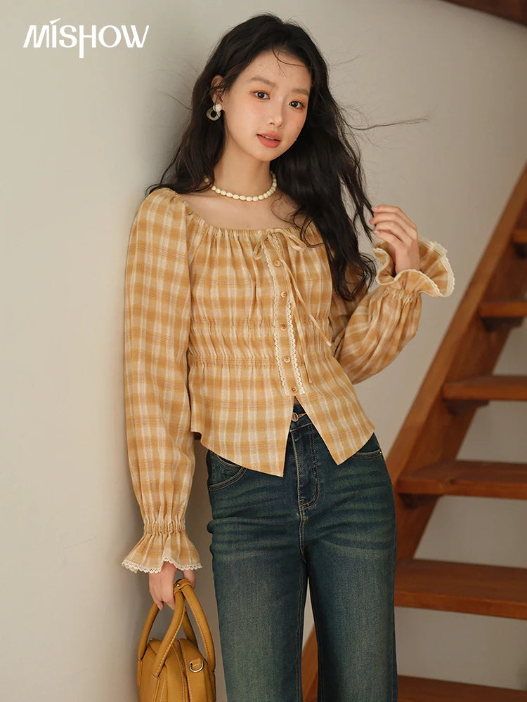 MISHOW Yellow Plaid Blouse for Women 2025 Autumn Korean Waist Square Neck Top Cuff Patchwork Lace Puff Sleeve Blouses MXE43X1986