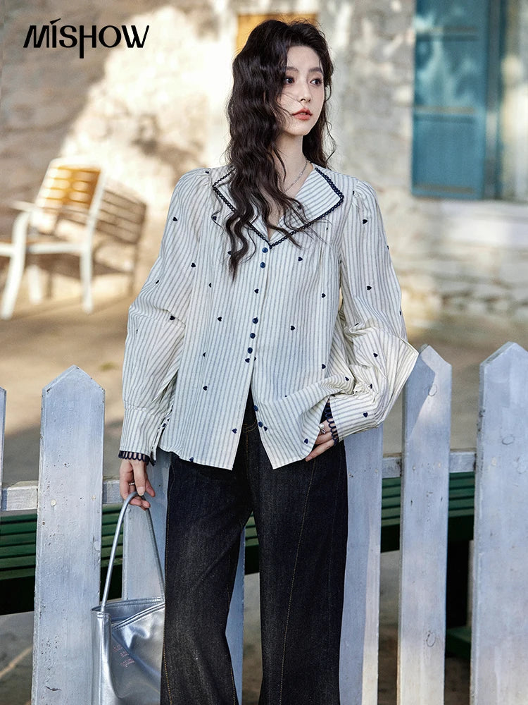 MISHOW Striped Bubble Sleeve Shirt for Women 2025 Spring French Retro Love Embroidered Top 100 Cotton V-neck Shirts MXE12C0390