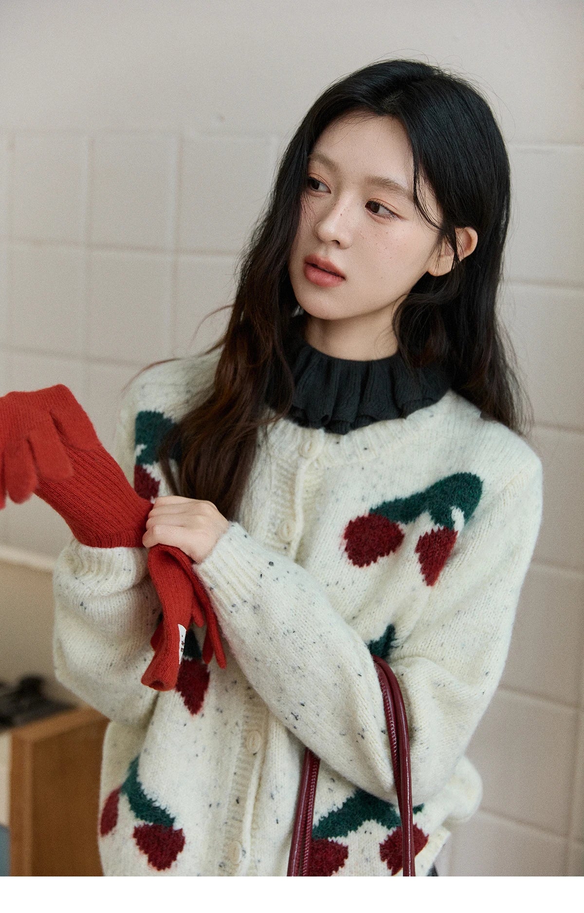 MISHOW Women's Cherry Jacquard Flecked Cardigan 2025 Autumn Winter Korean Drop Shoulder Tops Loose Crew Neck Knitwear MXE91Z2837