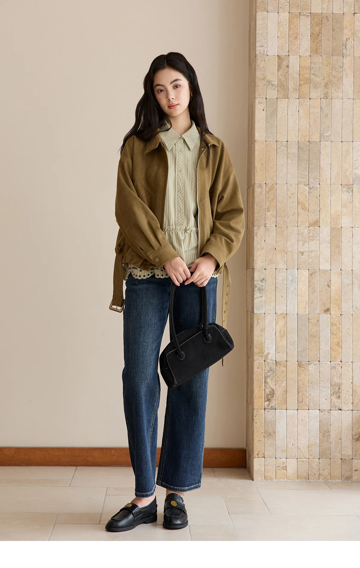 MISHOW Green Striped Shirt for Women 2025 Autumn New Fashion Design Embroidery Loose Casual Tops Commuting Shirt  MXE49C2414