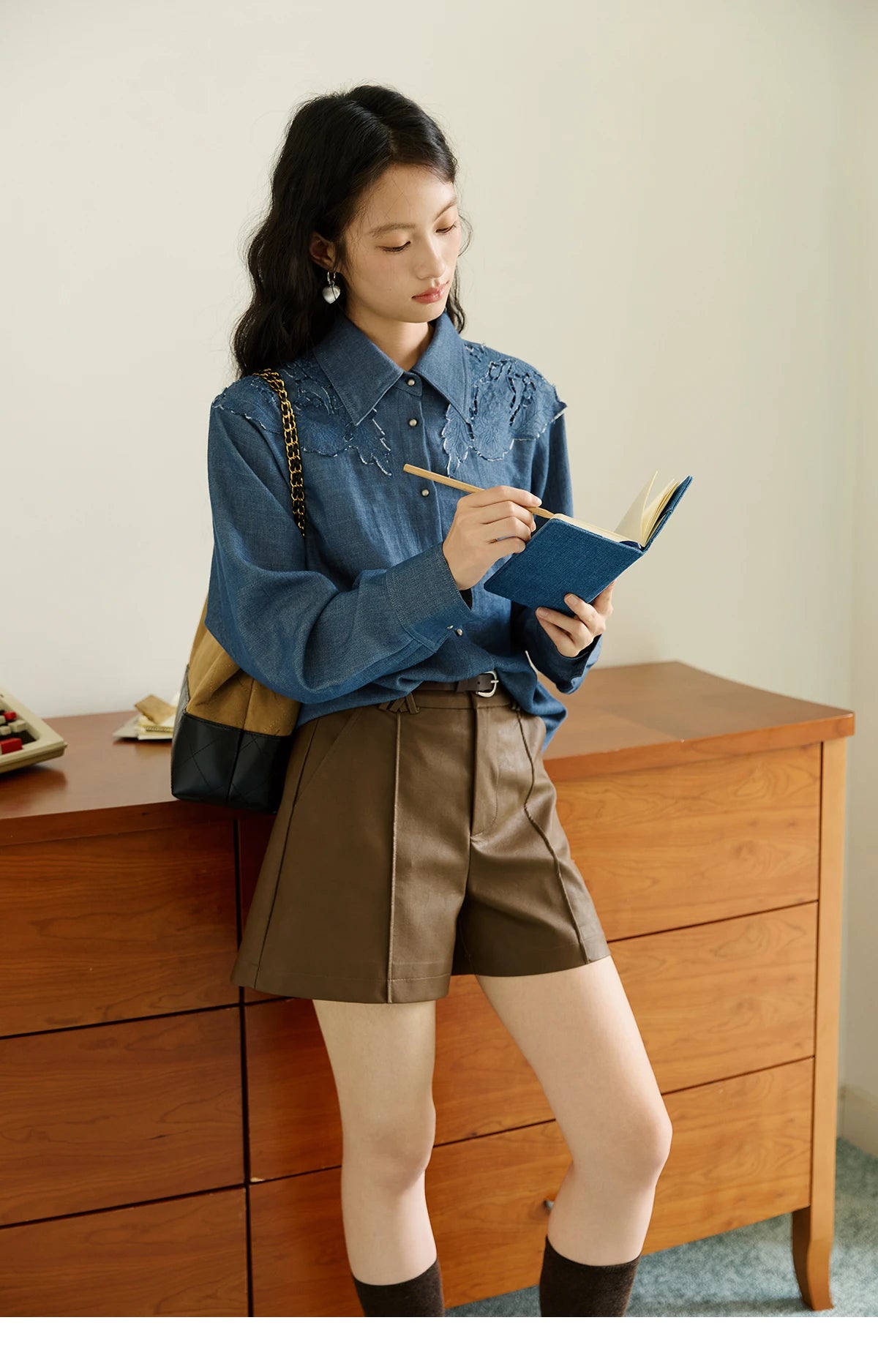 MISHOW Women's Blue Shirt Autumn 2025 Hollowed Out Patchwork Embroidery Tops Imitation Denim Fabric Loose Retro Shirt MXE46C2410