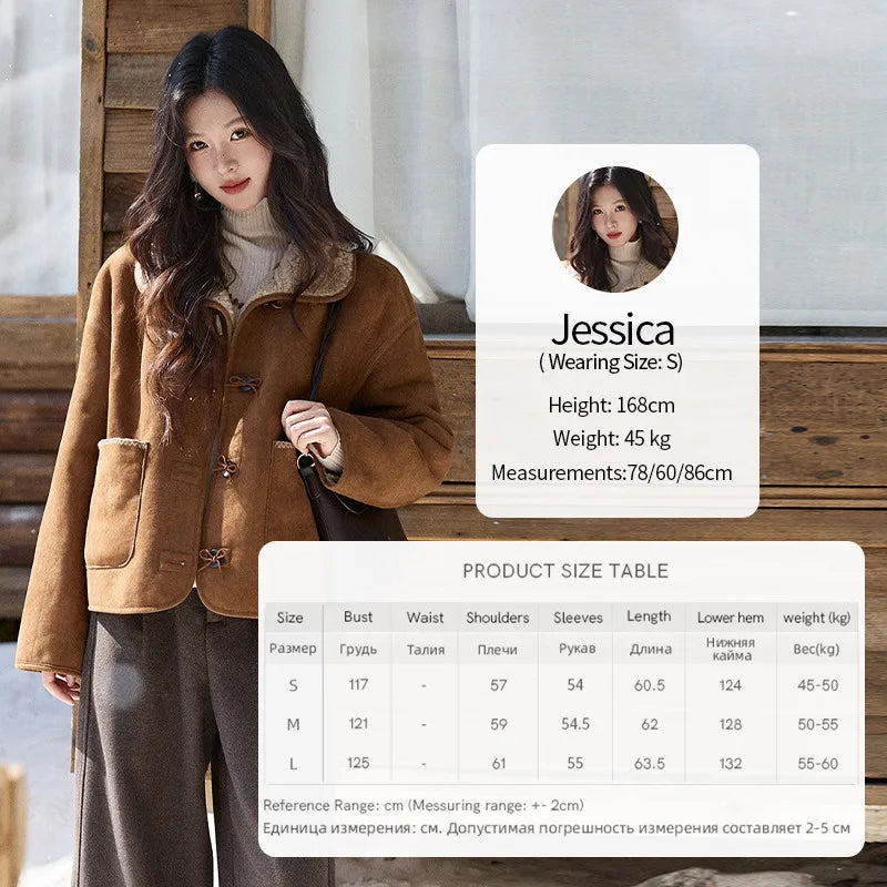 MISHOW Women's Brown Reversible Shearling Coat 2025 Winter Suede Polka Dot Lapel Coats Fleece Thick Warm Short Jacket MXE93W1012