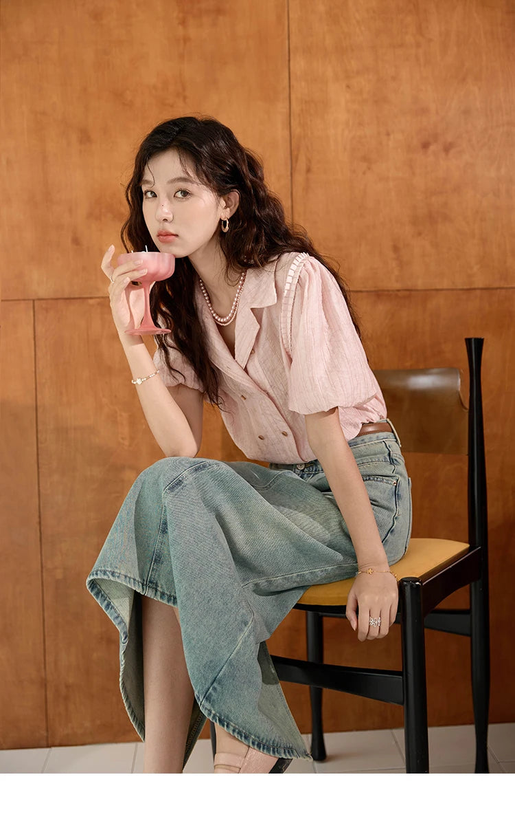 MISHOW Retro Pink Short Sleeved Shirt 2024 Summer V-neck Folded Ruffled Edge Top Elastic Cuffs Lapel Neck Blouses MXD29C0273