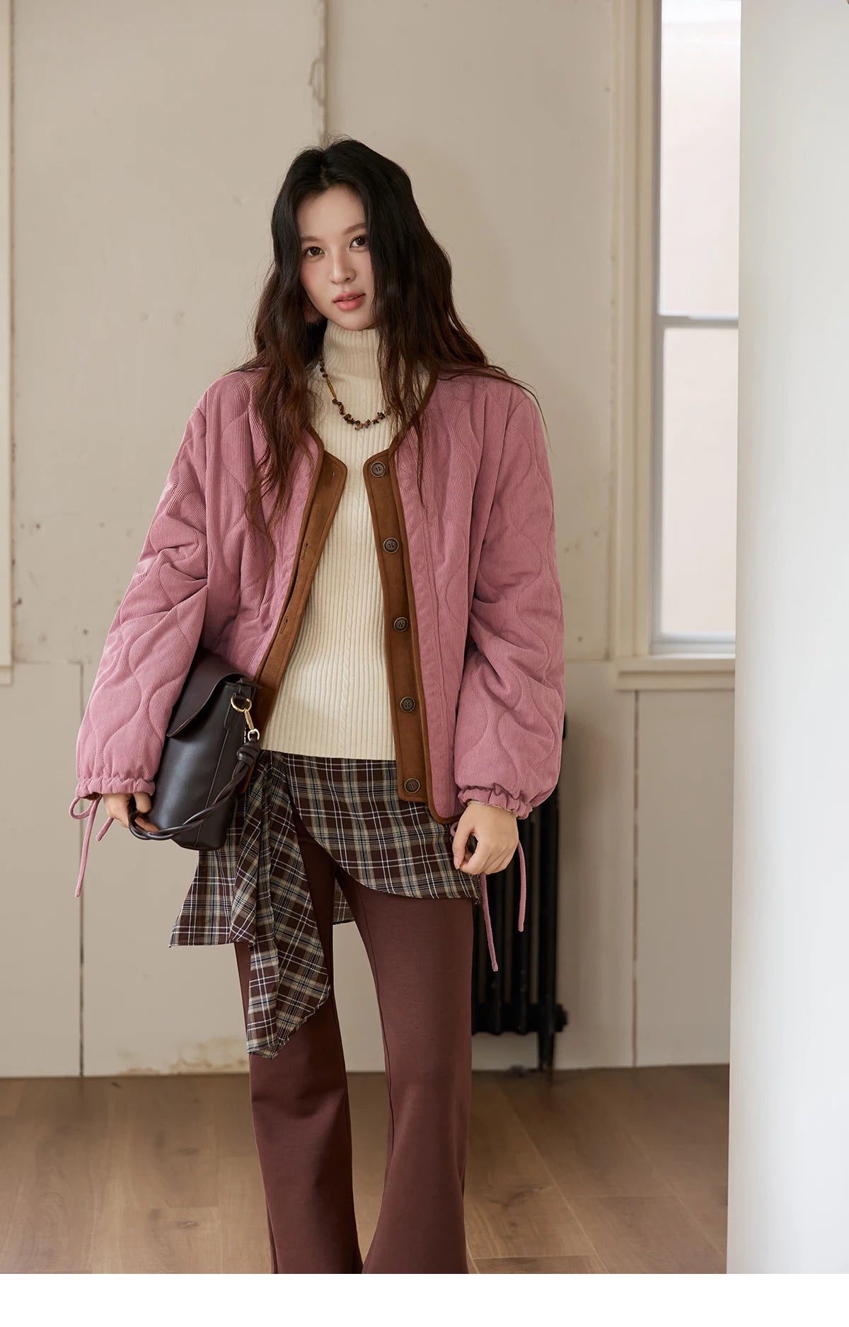 MISHOW Pink Purple Corduroy Jacket Women 2025 Winter Retro Gourd Pattern Pleated Cotton Splicing Suede Jacket Top MXE88W0882