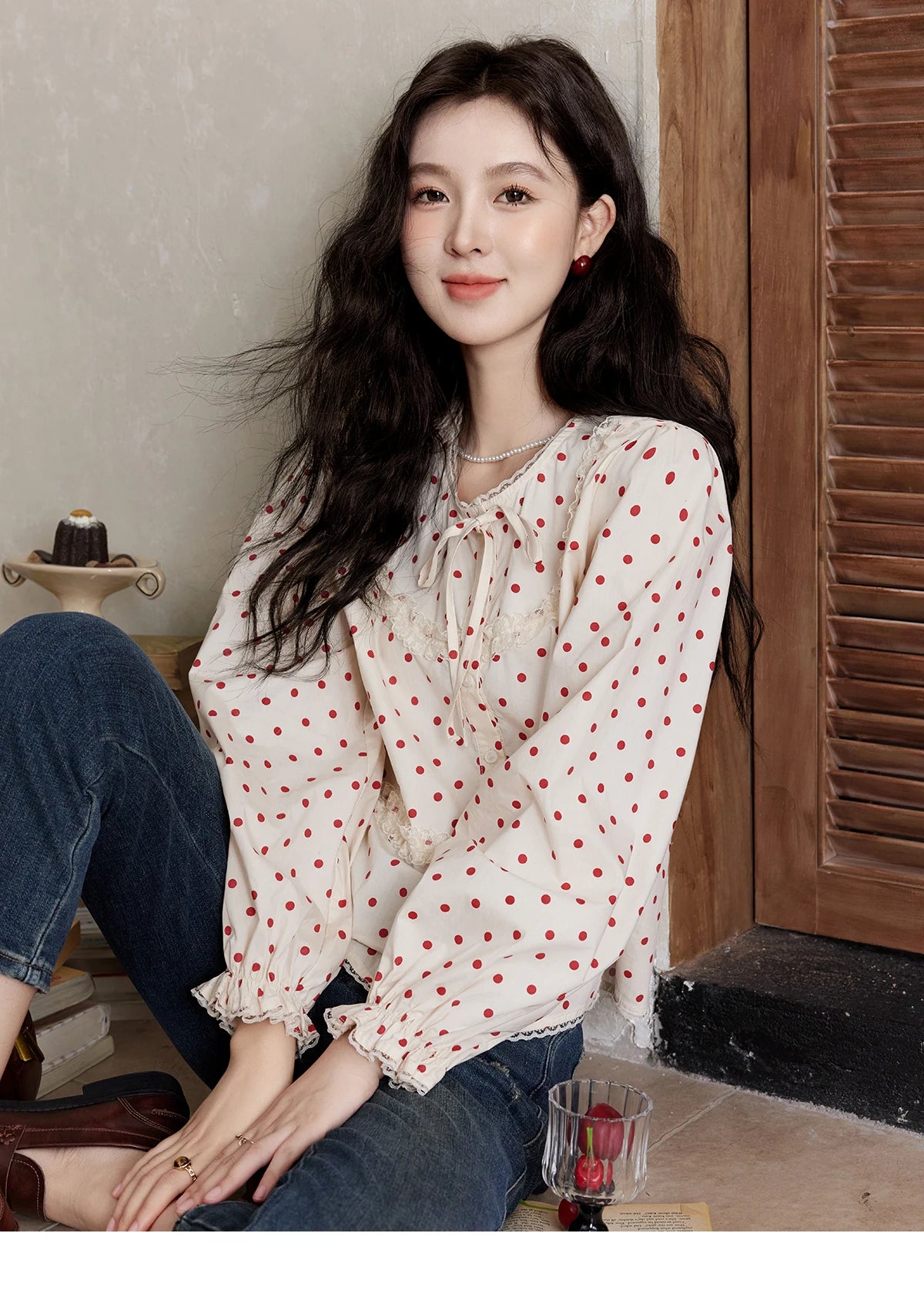 MISHOW Lace Up Polka Dot Round Neck Lace Shirt for Women Autumn 2024 Thin Sweets Shirt Elastic Petal Cuffs Chic Top MXD44X1667