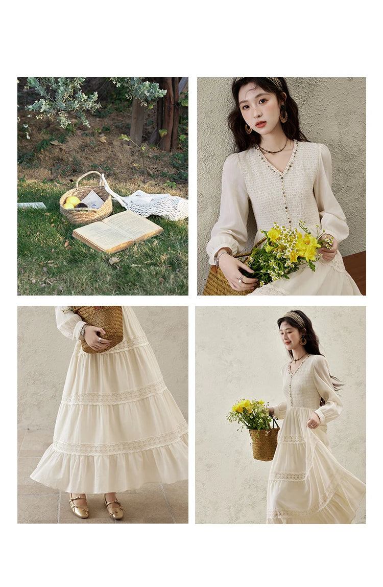 MISHOW Apricot Vacation Dress for Women Spring 100 Cotton Splicing Lace Retro Dress V-neck Waist Slim Long Dresses MXE16L2168