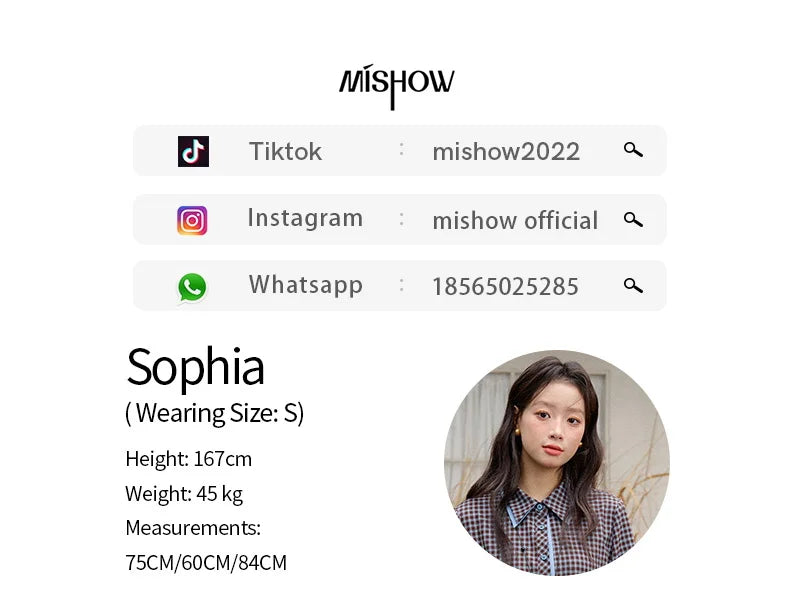 MISHOW Retro Blue Plaid Shirt for Women 2025 Autumn Winter Lapel Lantern Sleeves Ruffled Hem Top Slim Casual Shirt MXE89C2420