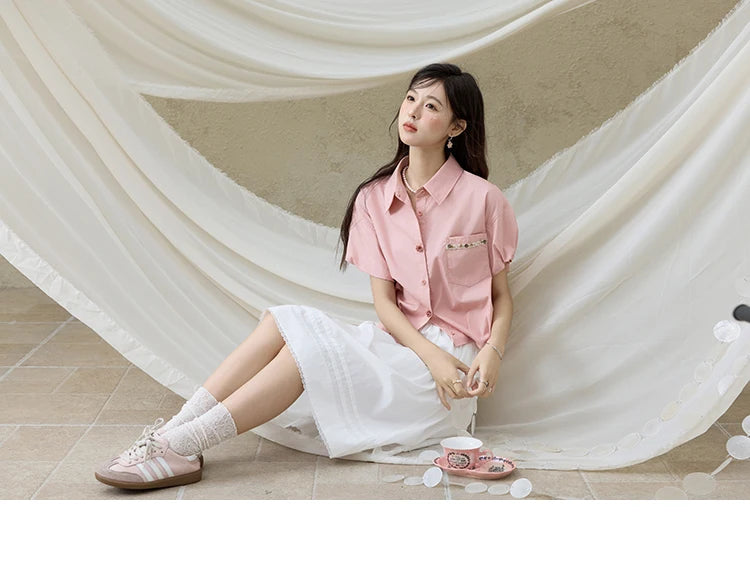 MISHOW Casual Summer Blouses Women 2025 New Short Puff Sleeve Turn Down Collar Shirt Female Fashion Shell Ribbon Tops MXE33C0773