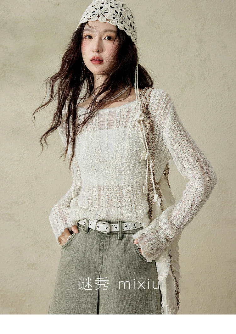 MISHOW Women 's Apricot White Hollow Knitted Sweater Spring 2025 Mohair Cover Drop Sleeve Top Strapless Slim Tube Top MXE12Z1120