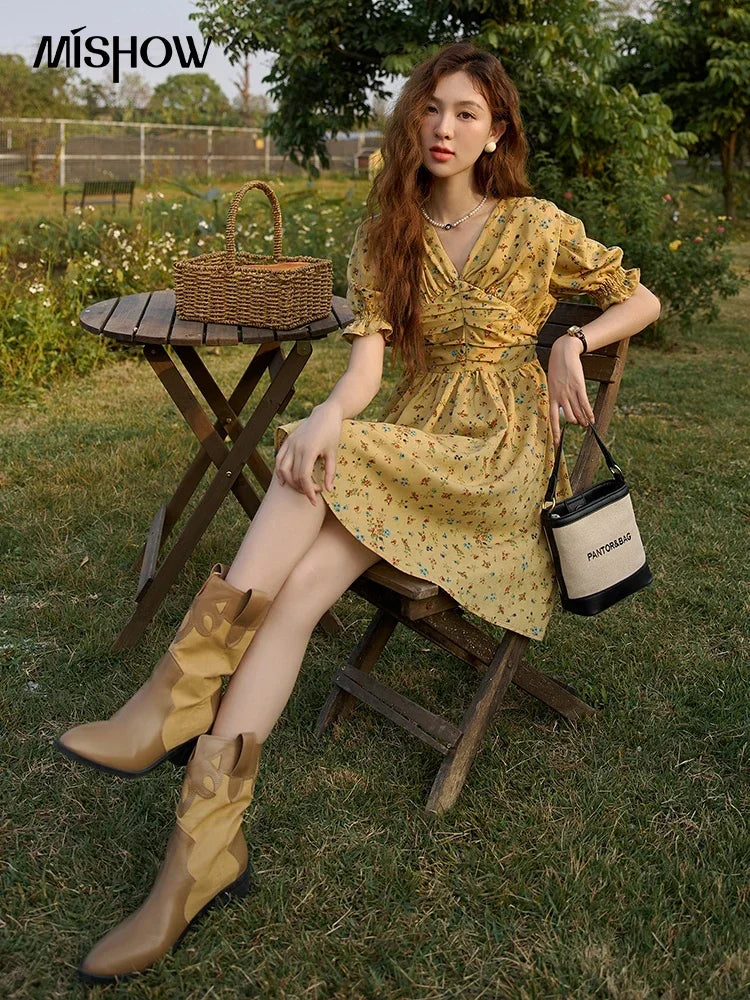 MISHOW Women's Retro Puff Sleeve Flower Dress 2025 Summer Waist Slim A-LINE V-Neck Shirring Female Ankle-Length Dress MXC33L1374