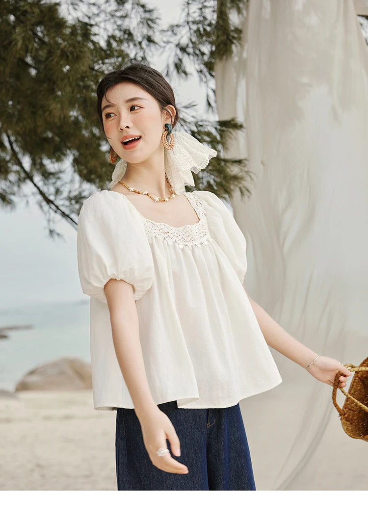 MISHOW French New Shirts Women Summer 2025 Short Puff Sleeve Square Collar Solid Splicing Lace Blouses Female Holiday MXE32X1780