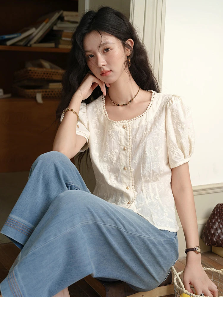MISHOW Embroidery Cotton Shirt for Women 2025 Summer Fashion French Style Puff Sleeve Button Shirt Women's Clothing MXE39X1979