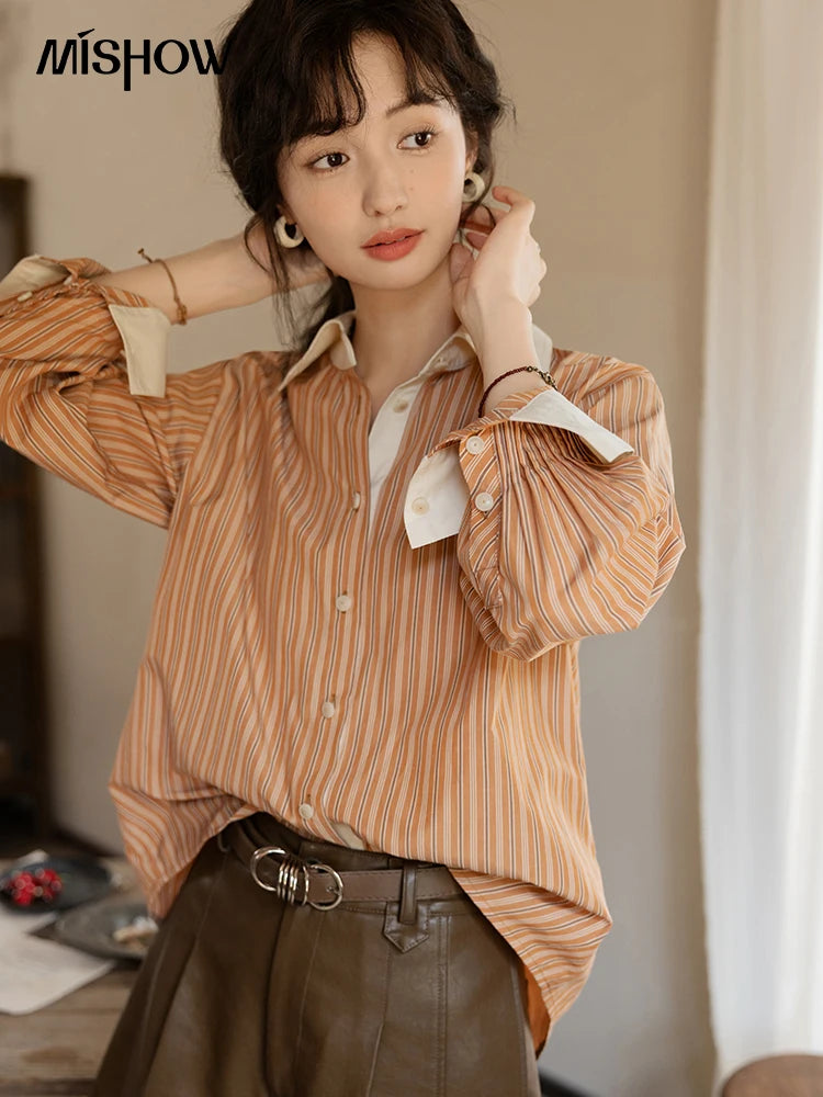 MISHOW Loose Striped Shirt for Women Autumn 2025 Contrasting Lapel Top Single Breasted Patchwork Shirts Office Lady MXD41C0286