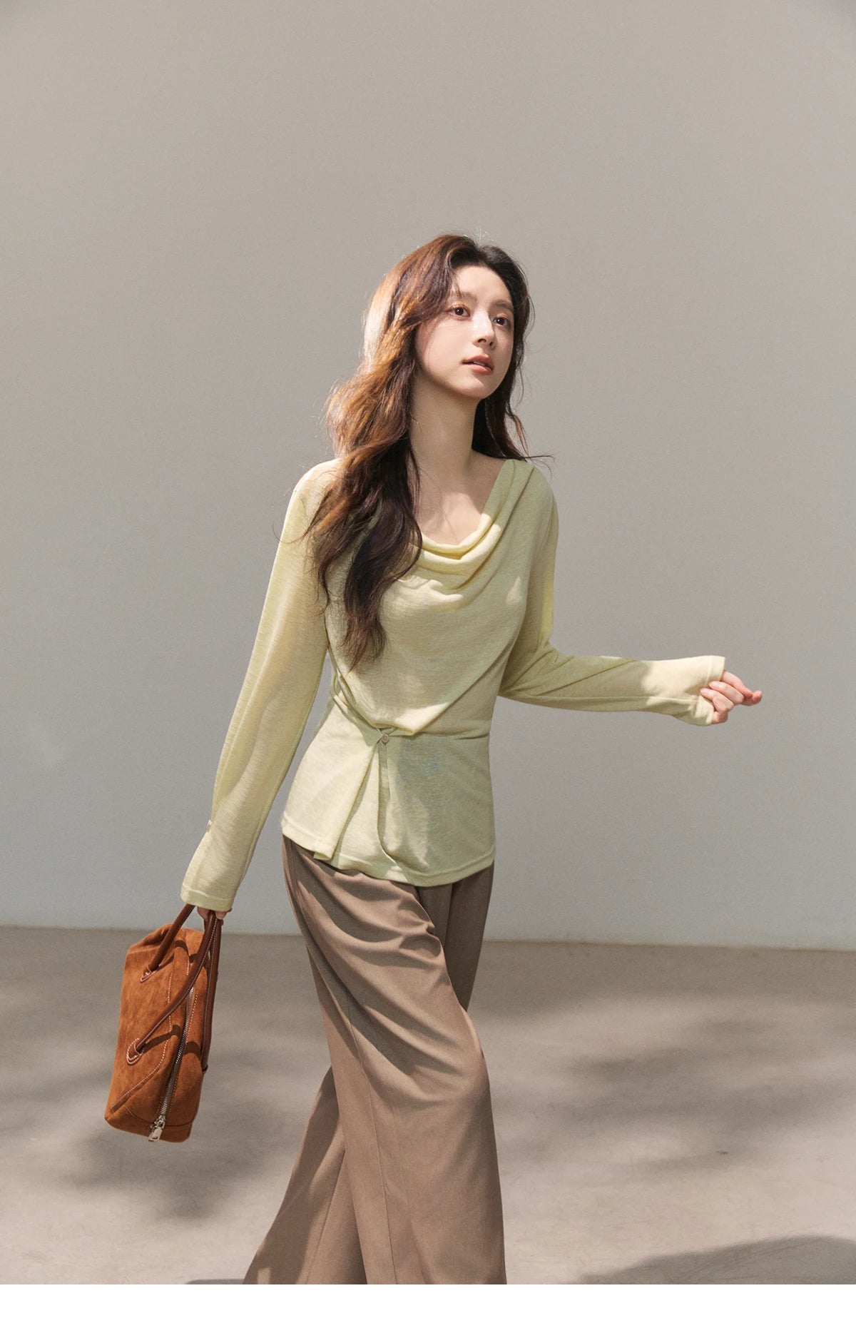 MISHOW Women's Multi Colored Knitted Top 2026 Spring Swinging Collar Flare Sleeve Top Side Twist Whist Casual T-Shirt MXF13T1473