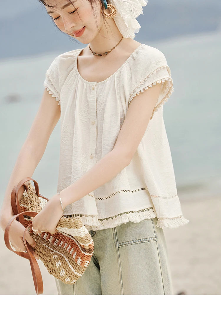 MISHOW Embroidered French Shirt Women Summer 2025 Short Sleeve Round Neck Solid Blouses Female Fashion New Tops Lady MXE33X1744