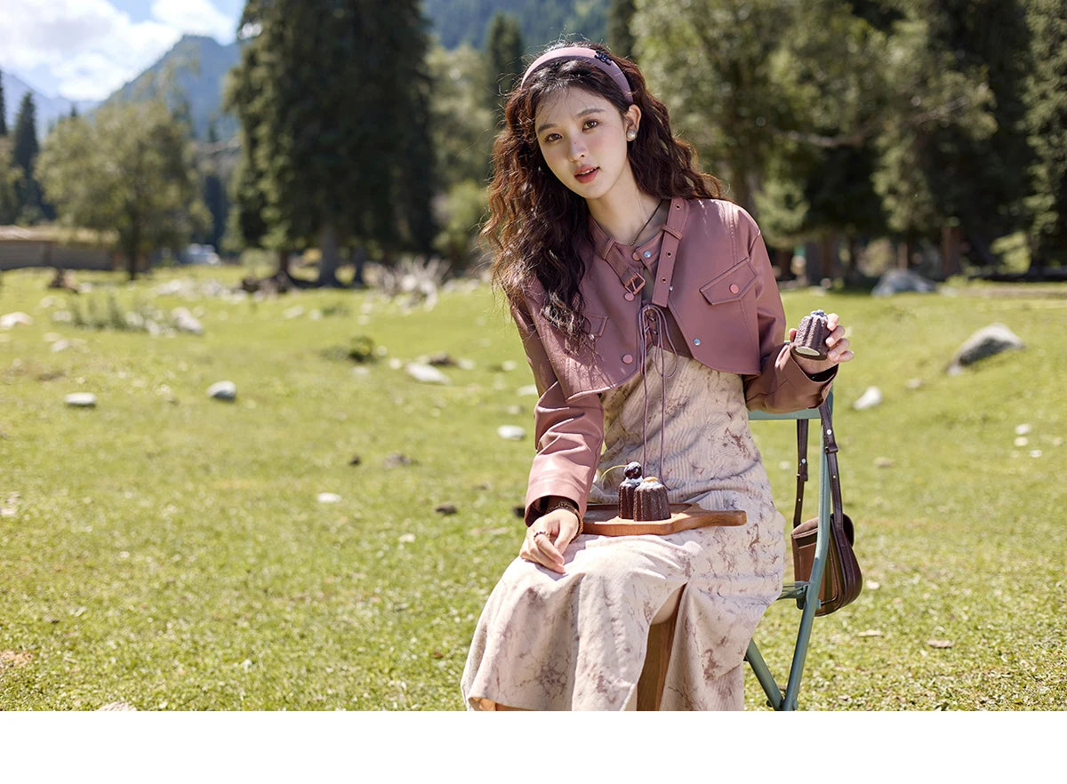 MISHOW Leather Patchwork Floral Strap Dress for Autumn 2024 Lace-up Hem Side Slit Dress Sleeveless Camisole Dresses MXD43L2031