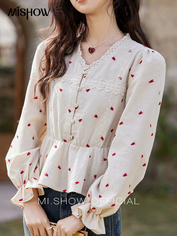 MISHOW Women's Love Embroidered V-neck Blouses 2025 Spring Linen Cotton Retro Slim Tops Sweet Waist Ruffle Blouse MXE13X1700