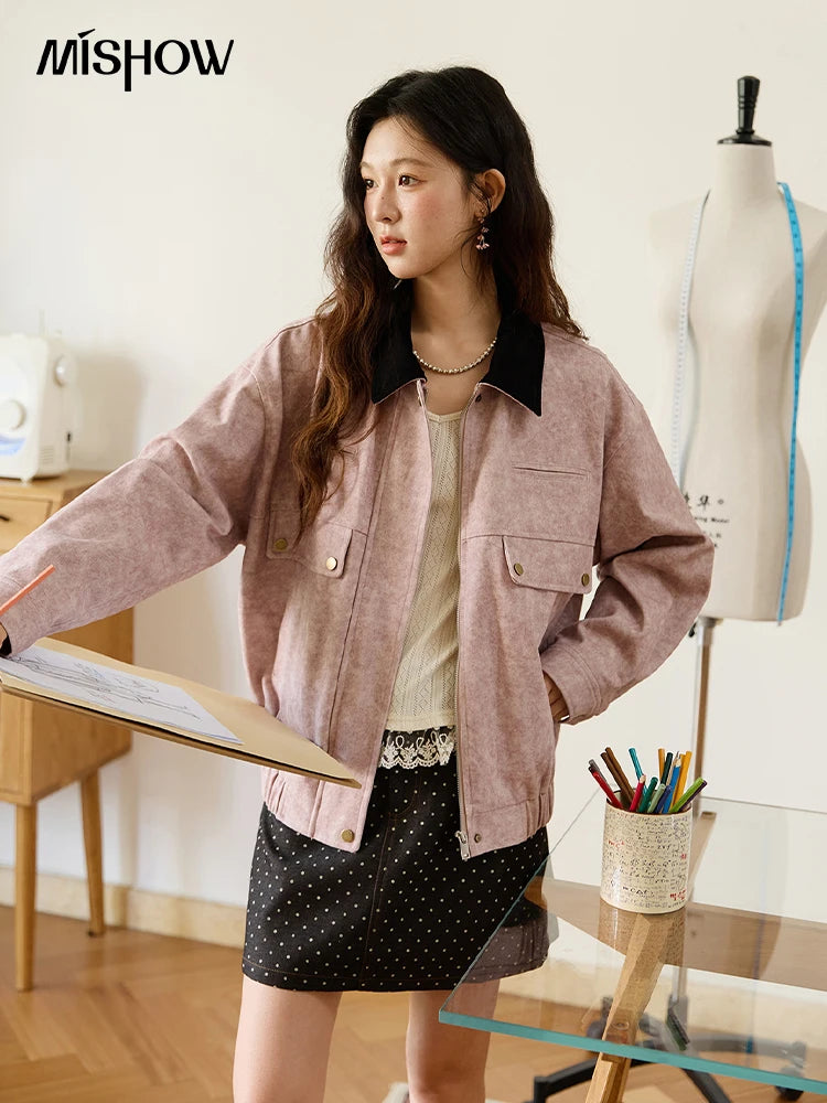 MISHOW Pink Purple Collision Black Lapel Jacket for Women Autumn Suede Metal Zipper Top Retro Loose Elastic Hem Coats MXE46W0865