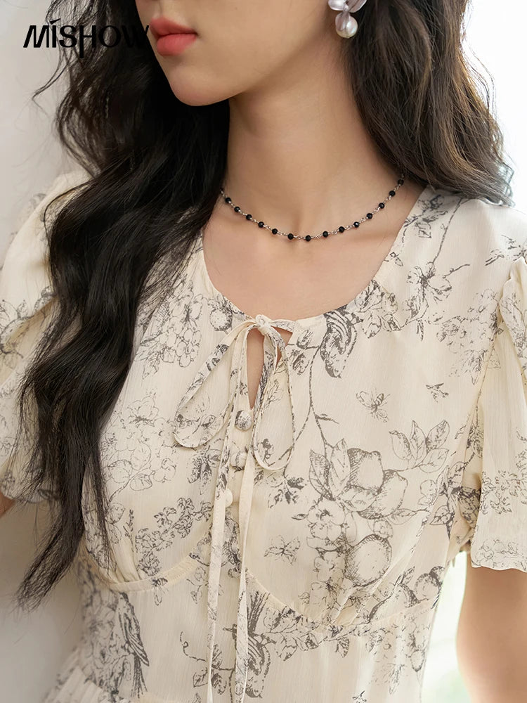 MISHOW Women's Print Chiffon Dresses 2025 Summer New Floral Short Sleeve Mid-length A-line Lace-up French Lady Dress MXD27L1841