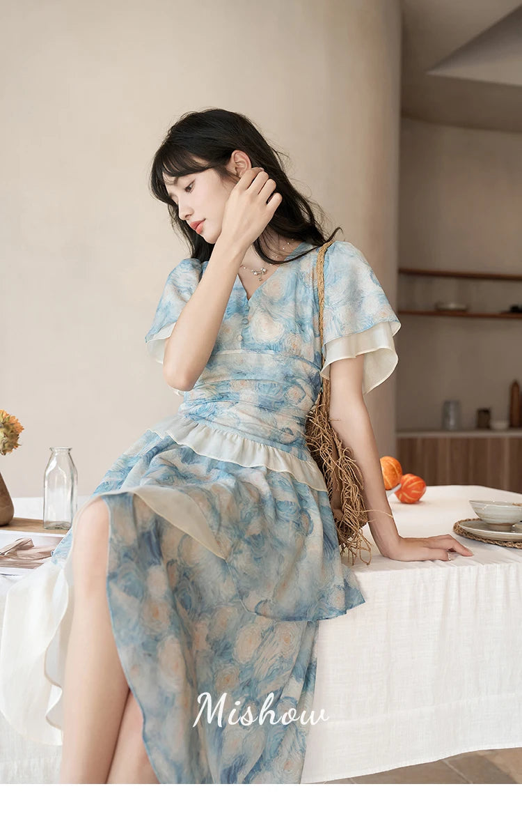 MISHOW [Van Gogh Collection] Fairycore Dresses 2025 Summer Double Layer Sleeves Asymmetrical V-Neck Printing Dress MXC39L1527