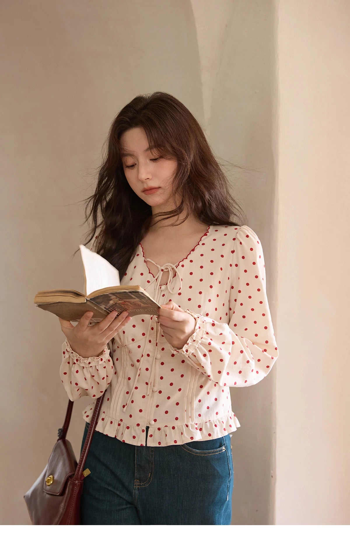 MISHOW Apricot Bottom Red Polka Dot Shirt for Women Autumn 2025 Korean Ruffled Edges Shirts V-neck Lace-up Sweet Top MXE42X1971