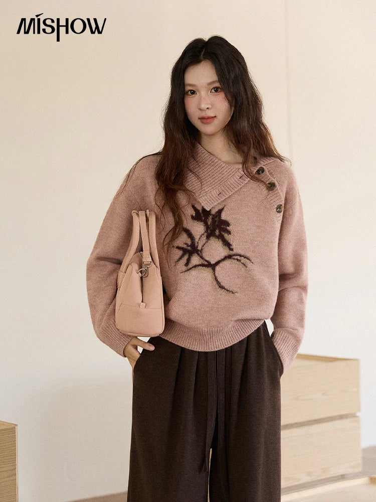 MISHOW Plant Jacquard Sweater for Woman 2025 Winter French Style Casual Turtleneck Design Knitted Pullover Tops Woman MXE86Z2658