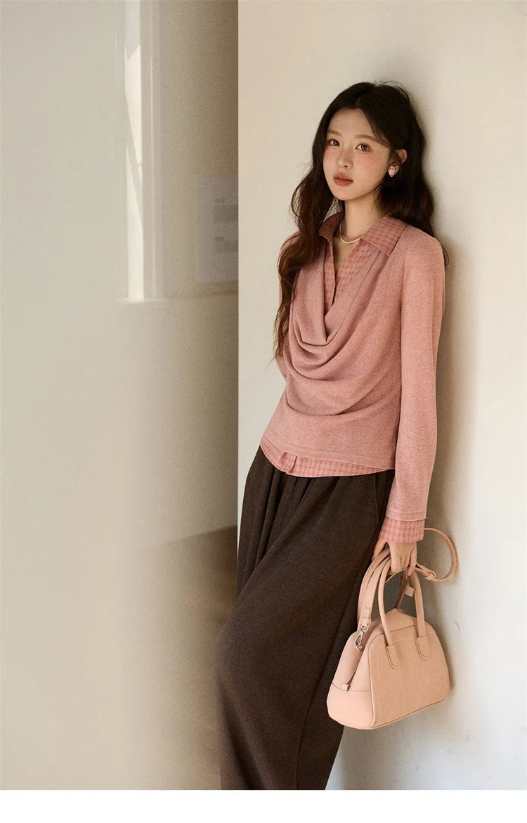 MISHOW Women Knit Top 2025 Winter Faux Two-piece Pullovers Retro Plaid Patchwork Draped Collar Luxury Design Pink Top MXE87Z2747