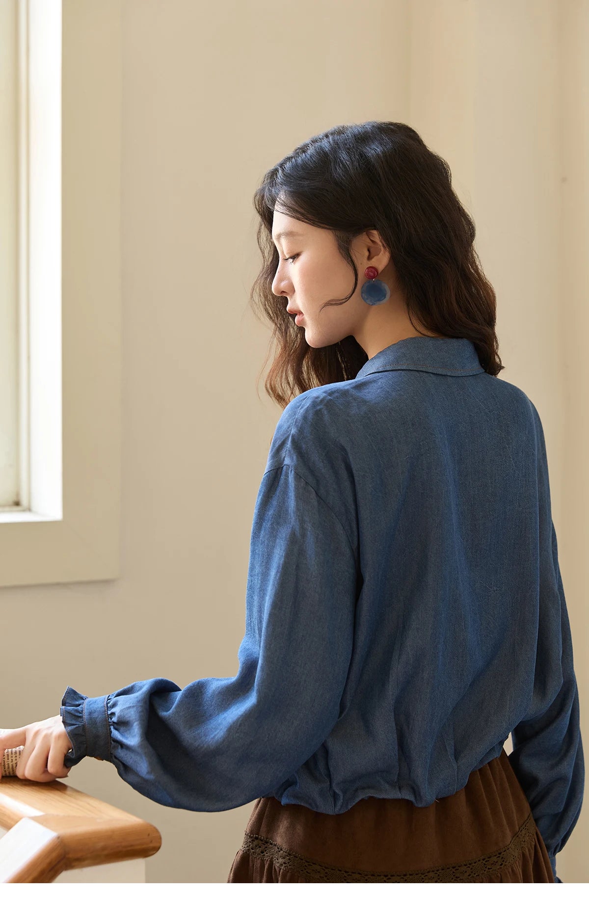 MISHOW Blue Lyocell Imitation Denim Shirt for Women Autumn 2025 Ruffled Placket Contrasting Button Waist Cinc Shirt MXE43C2386