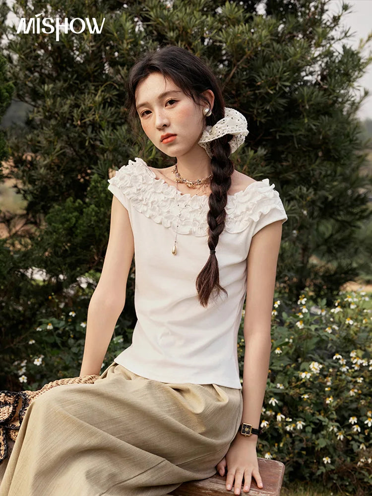 MISHOW French Stringy Selvedge One Neck T-shirt for Women Summer 2025 Raglan Sleeves Wool Short Top Sexy Solid Tees MXE34T0605