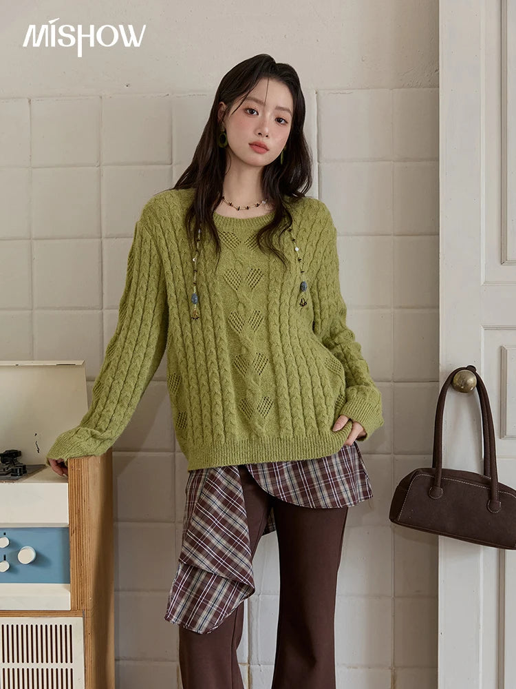 MISHOW  Sweater for Woman 2025 Autumn Winter Green Retro Twisted Rope Hollow Design Loose Knit Top Luxury Commuter MXE49Z2520