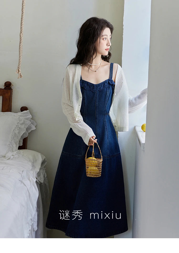 MISHOW Denim Camisole Dress Hollowed Out Cardigan Separately Spring Knitted Cardigan Lace Edge Waist Dress(Not A Set) MXE13L2094