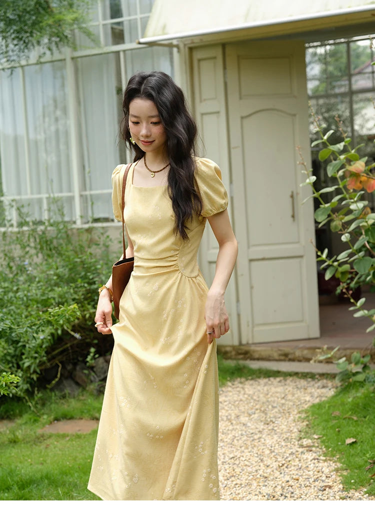 MISHOW Women's Clothing Fashion Square Neck Puff Sleeve Dress Summer 2025 New Bamboo Leaf Jacquard Pattern Dresses MXE39L2415