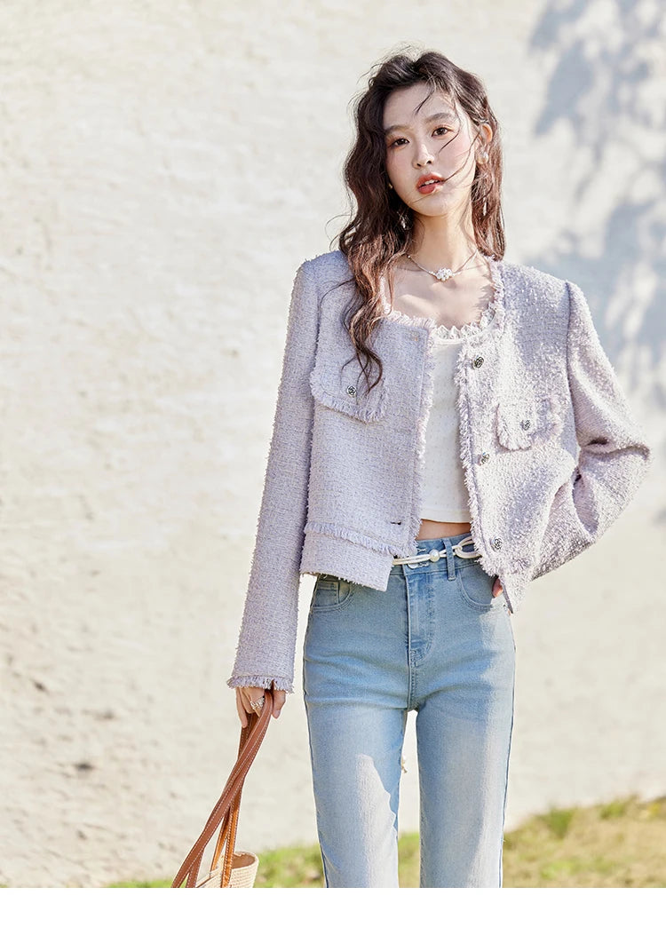 MISHOW Tassel Fragrant Coat for Women 2025 Spring Rose Buckle Weave Short Coats Elegant Square Neck Straight Coats MXE13W0733