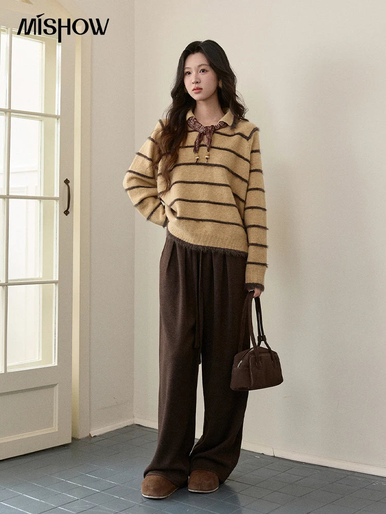 MISHOW Women's Faux Mink Fur Striped Sweater 2025 Winter Loose Lapel Tassel Hem Thickened Knitwwear Excluding Scarves MXE93Z2945