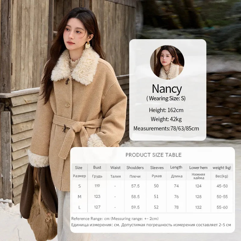 MISHOW Women's Thick Wool Blend Coat 2025 Winter Korean Retro Fleece Patchwork Coats Belted Lapel Elegant Overcoat MXE92W0997