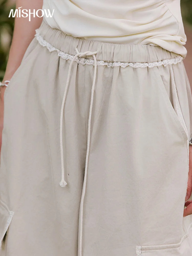 MISHOW Apricot Cargo Pants for Women in Summer 2025 Lace Patchwork Casual Pants Drawstring Elastic Waisted Trousers MXE33K0935