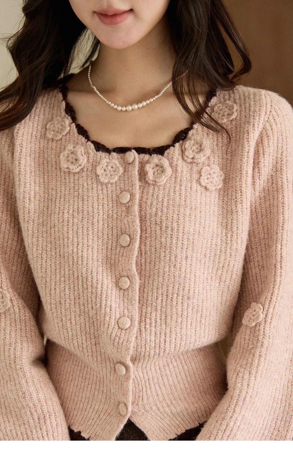 MISHOW Women's Pink Knitted Cardigan 2025 Autumn Winter Flower Decor Lace Trim Button Cardigan Slim Warm Pullover Top MXE94Z2862