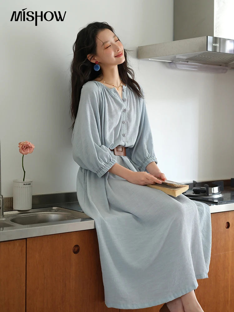 MISHOW Women's Half Sleeve Button Bamboo Knot Dress with Bohemian Belt 2025 Autumn Blue Long Dress Ladies Clothing MXE20L2468