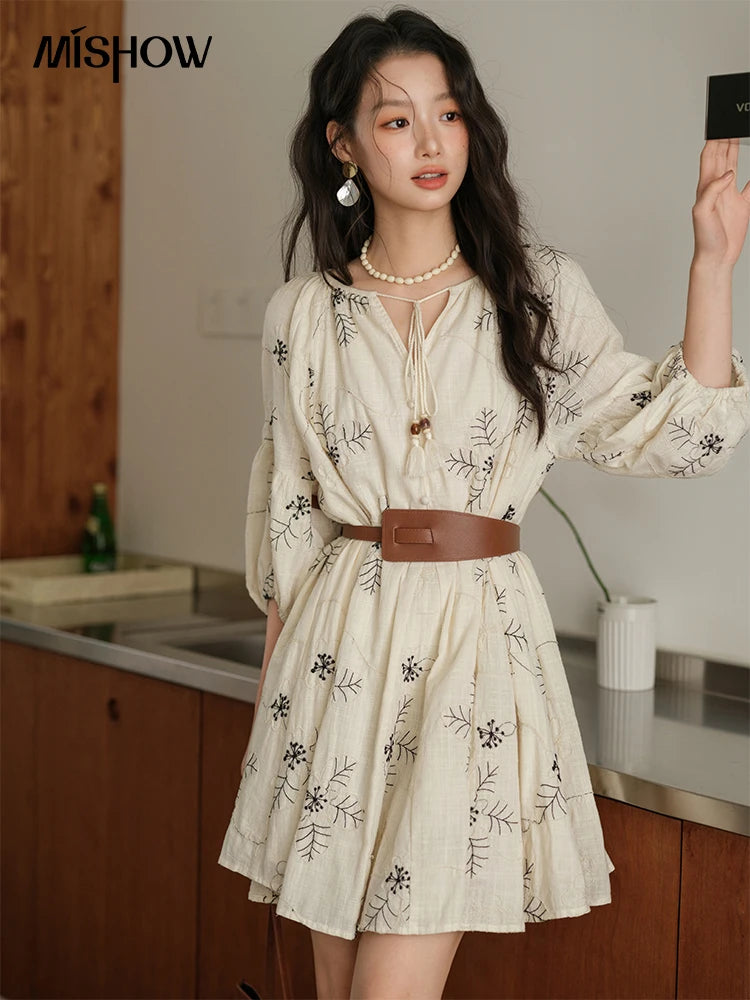 MISHOW Embroidered Doll Dress 2025 Seven Cent Lantern Sleeve Dress O-neck Tassel Lace-up Cotton Dress with Waist Belt MXE41L2480