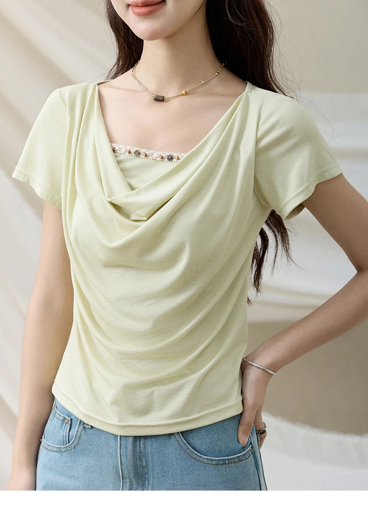 MISHOW Casual Summer Shirts Women 2025 Fashion Short Sleeve Swing Collar Solid T-shirt Female Slim Shell Ribbon Tops MXE33T0524