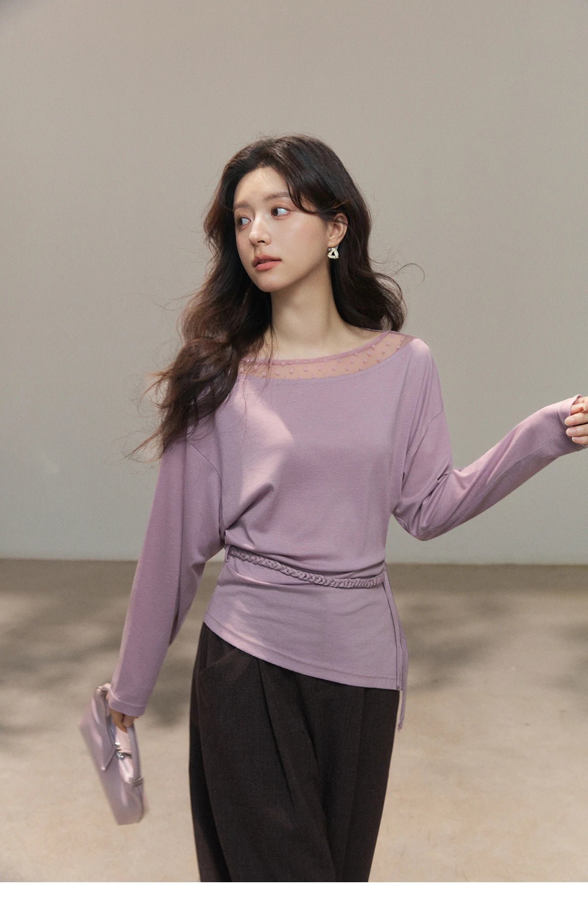 MISHOW Women's Mesh Wool Lace Polka Dot Splicing Tops 2026 Spring Boat Neck Slim Belt Twist Casual Solid T-Shirts MXF13Z3001