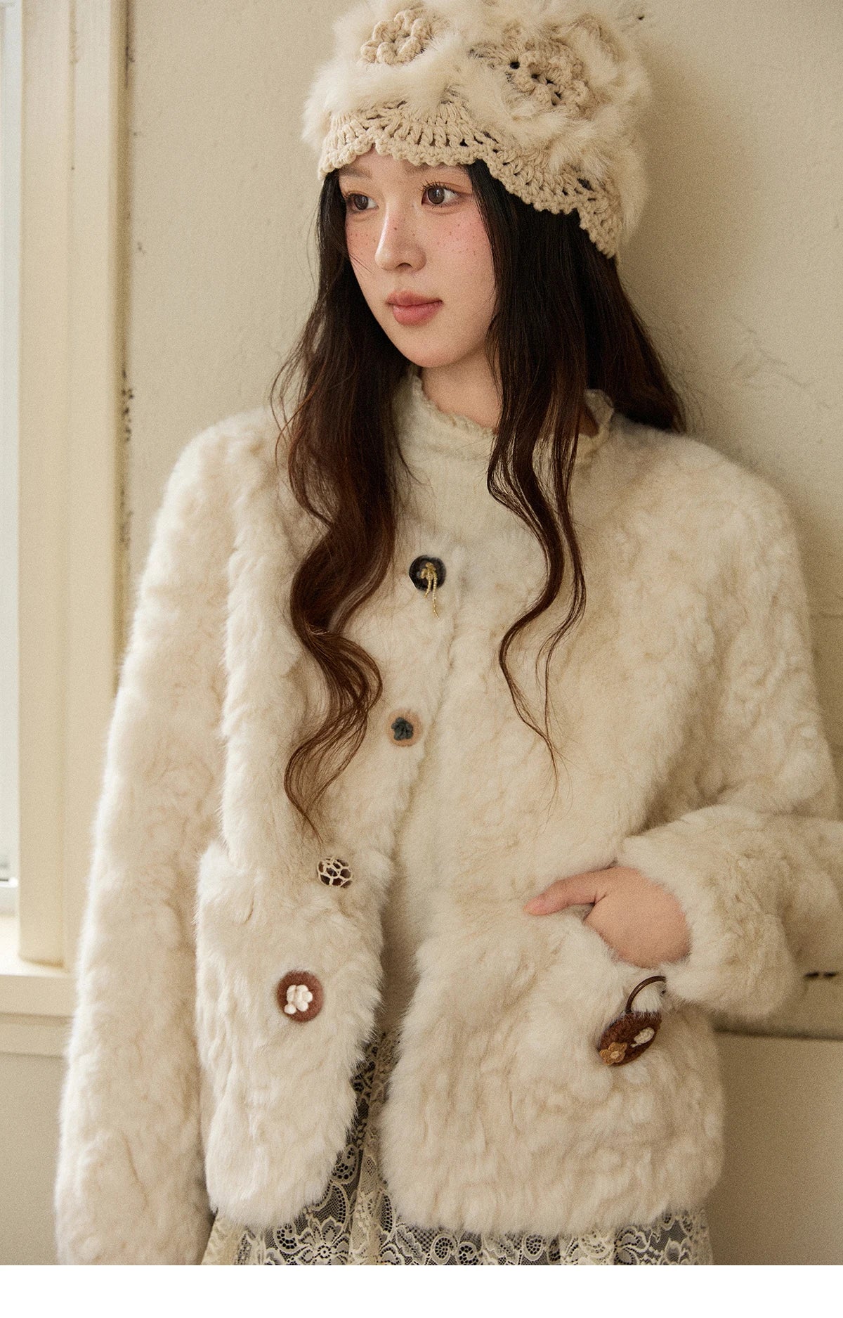 MISHOW Women's Winter Jacket 2025 Sweet Pink Faux Rabbit Fur Coat with Pockets Handcrafted Vintage Buttons Outerwear MXE87W0990