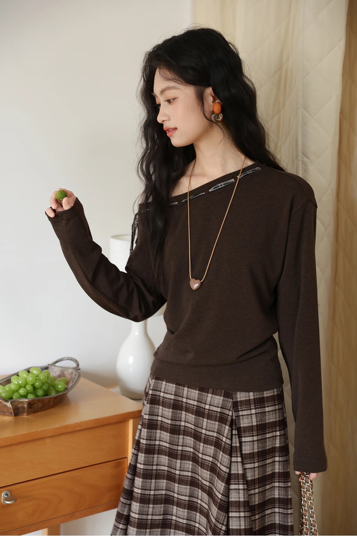 MISHOW Slant Shoulder Knitted Top for Women Autumn 2025 Drak Brown Plaid Strap Design Tops Casual Knitted Base Top MXE45T1402