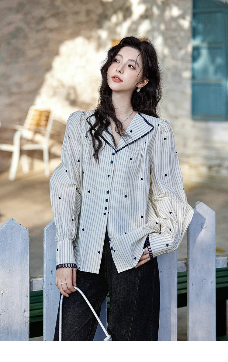 MISHOW Striped Bubble Sleeve Shirt for Women 2025 Spring French Retro Love Embroidered Top 100 Cotton V-neck Shirts MXE12C0390