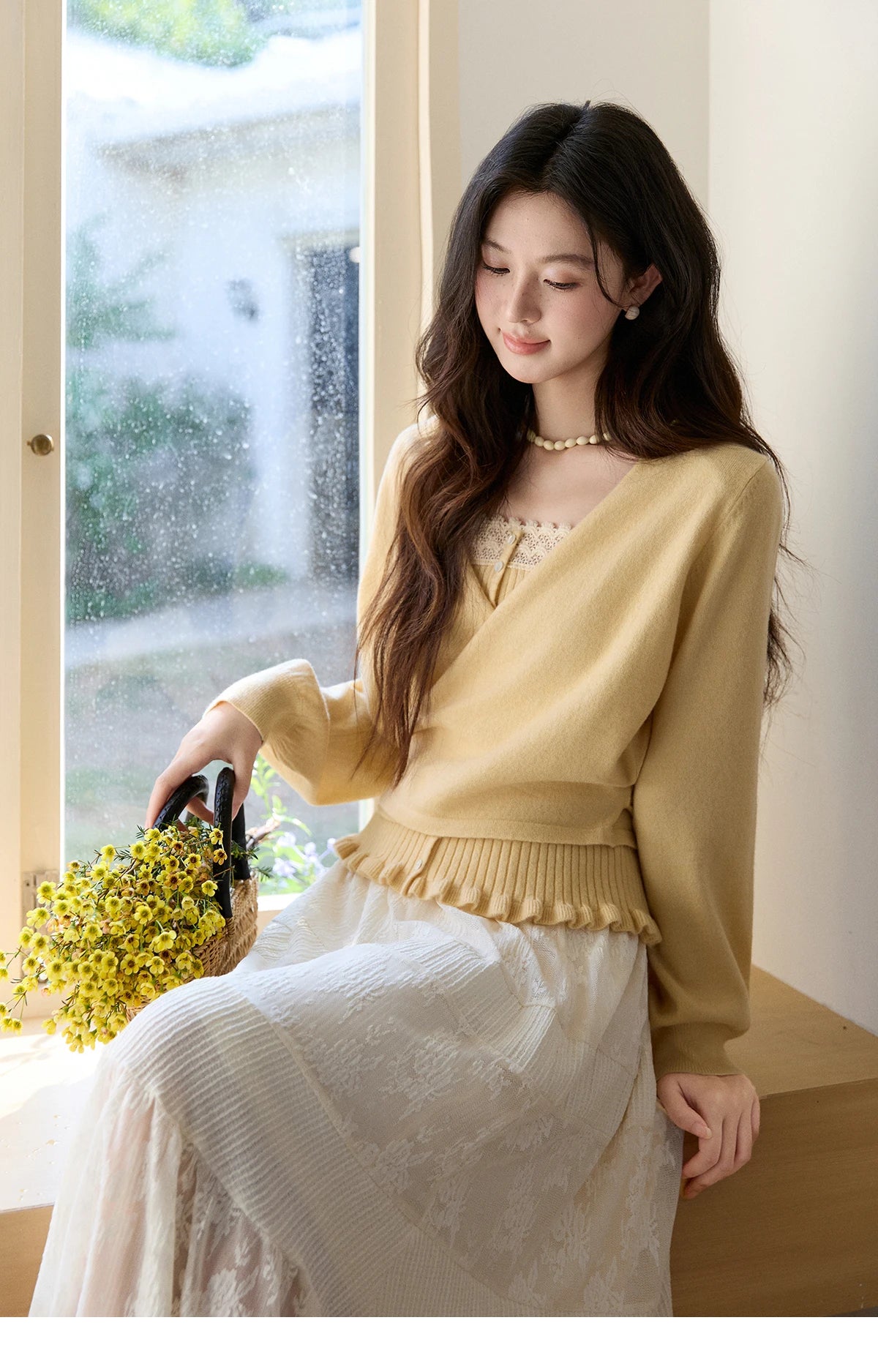 MISHOW Women's Yellow Two-Piece Set 2026 Spring Ruffled Hem Camisole Lace Trim Knitted Cardigan Casual Slim Outfit MXF11T1472